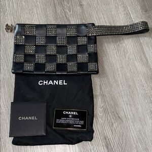 RARE CHANEL Leather Woven Strass Black Checkered Clutch Wristlet Crystal Evening